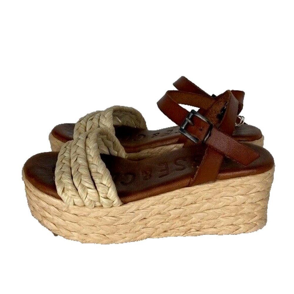 Musse and Cloud Tino Sandals Size 5.5 Espadrille Ankle Strap Cognac & Beige